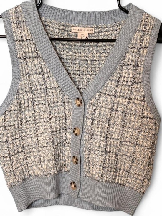Sincerly Jules Sweaters - Sincerely Jules Light Blue Tweed Plaid Knit Cropped Sweater Vest Top Small S
